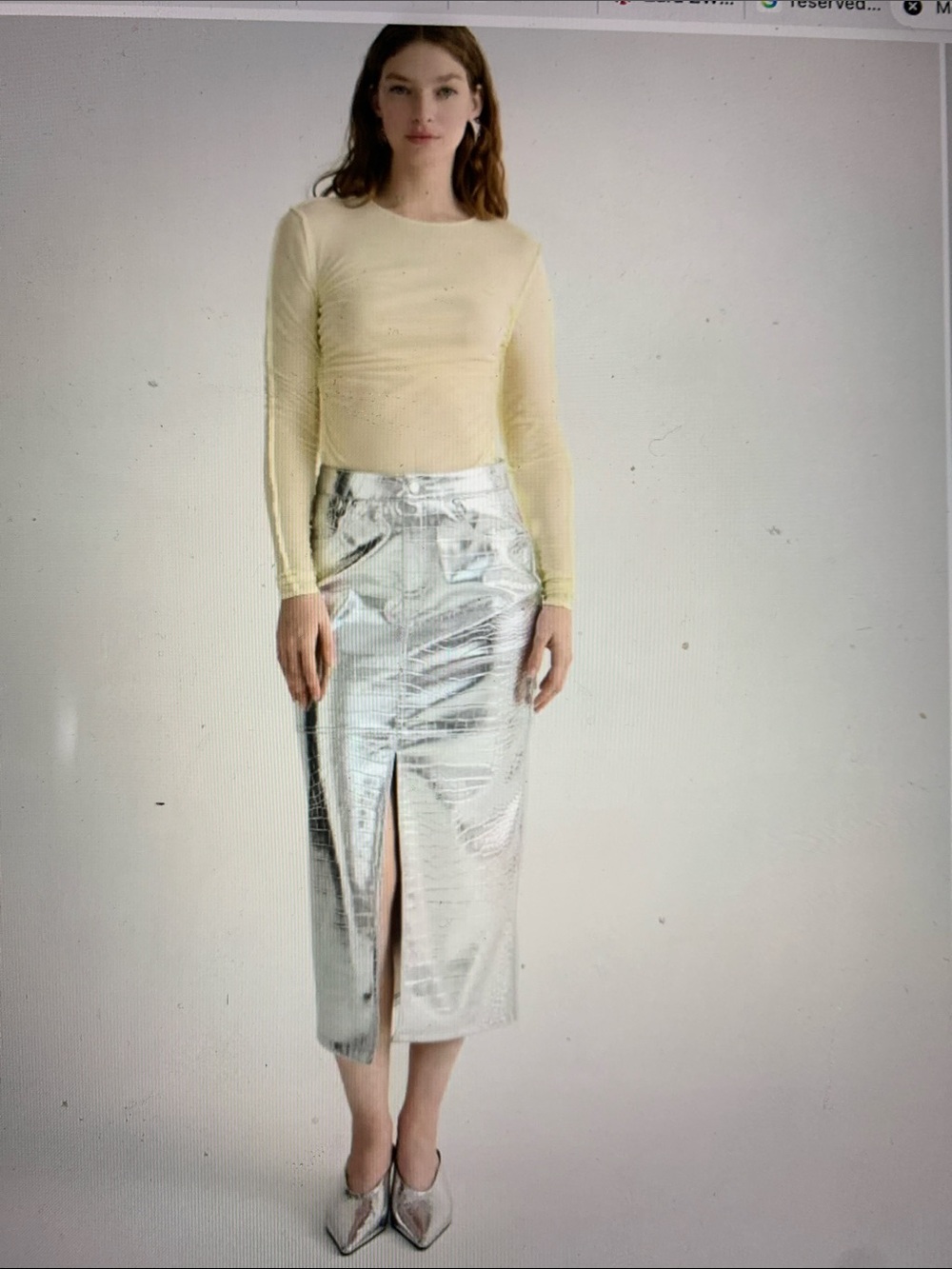 New Reserved Metallic Silver Midi Pencil Skirt with Front Slit